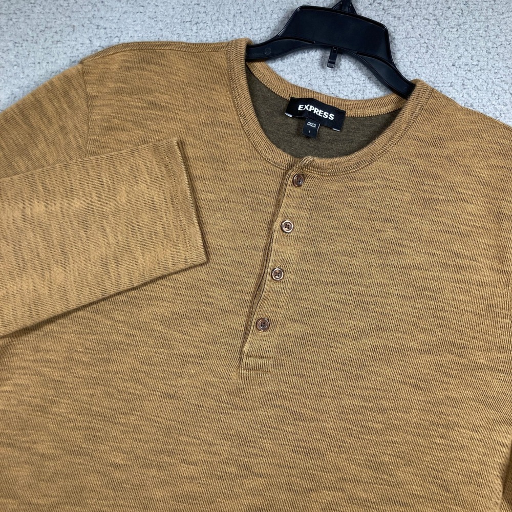 Express Henley Men L Mustard Yellow Long Sleeve Slub Knit Button Top